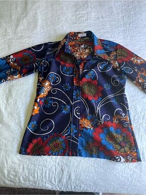 a.n.a Navy Button-Up Blouse with Red, Blue & Orange Floral Print